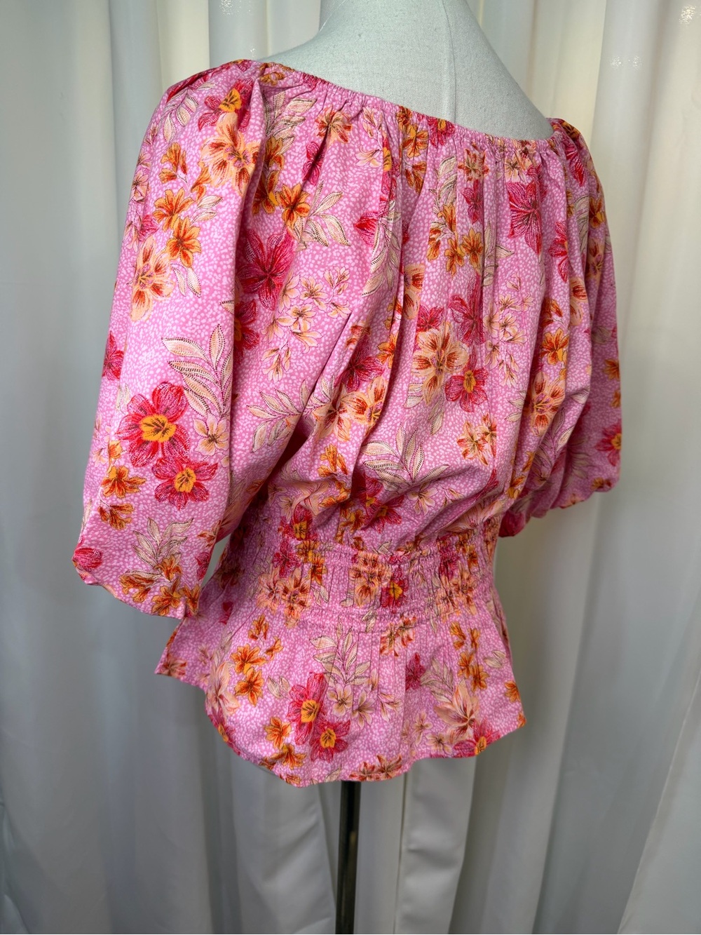 NWT LOFT ‘Lily Gathered Waist V-Neck Blouse’ in Pink Floral Print Size Large - Picture 8 of 13